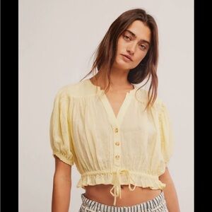 Free People Little Cloud Pale Yellow Button-Front Peasant Blouse with Ruffle Hem